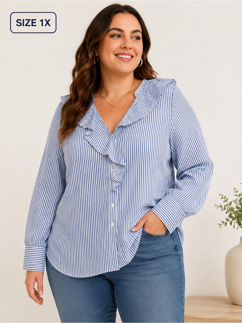 Blue & White Ruffle Button-Front Blouse – Size 1X